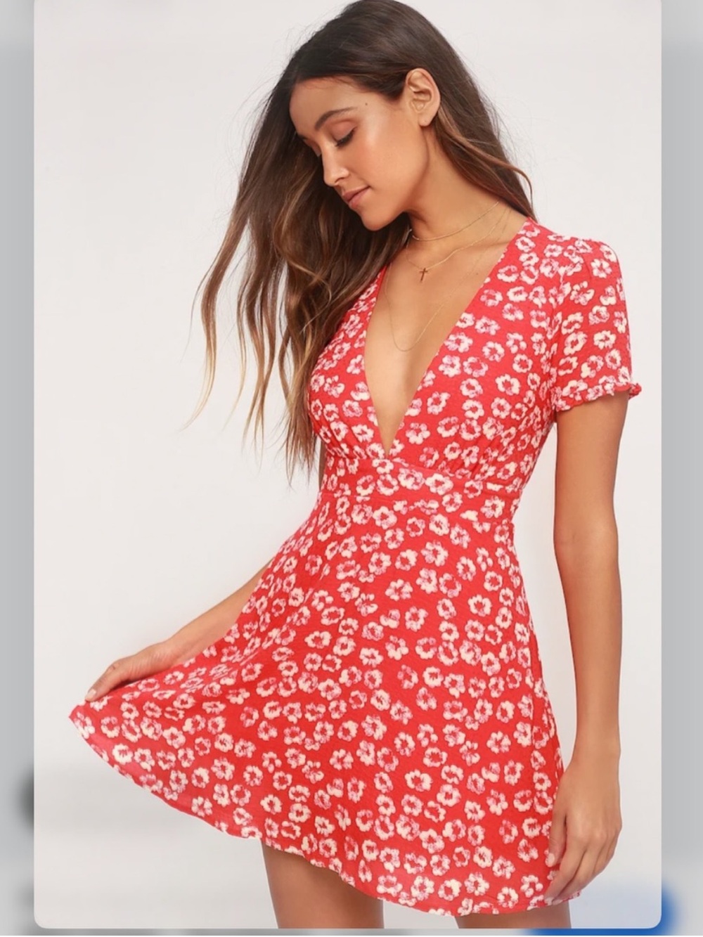 Lulus Red Floral Textured Deep V Mini Dress XS NWT Short Sleeve Rayon - Picture 1 of 7